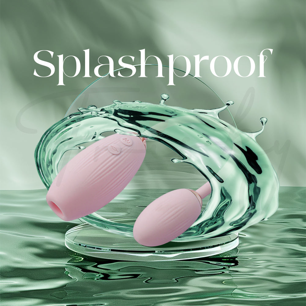 Sweet Lola dual-egg vibrator shown with water splash effect indicating splashproof construction