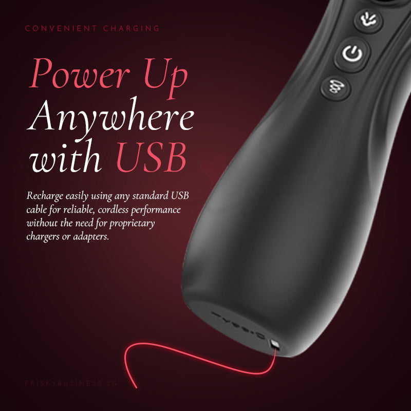 Black electronic device with USB cable on a dark background, featuring text about convenient charging.