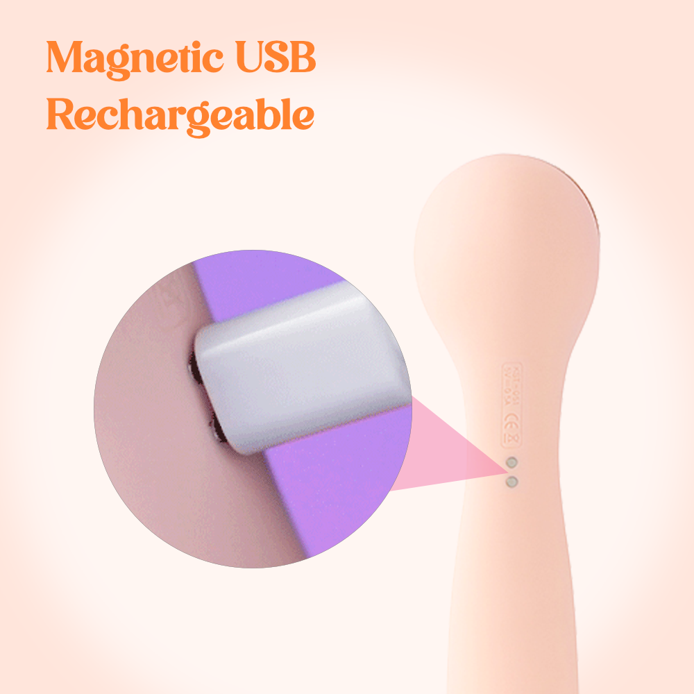 Magnetic USB rechargeable device on a leg with text 'Magnetic USB Rechargeable' on a pink background