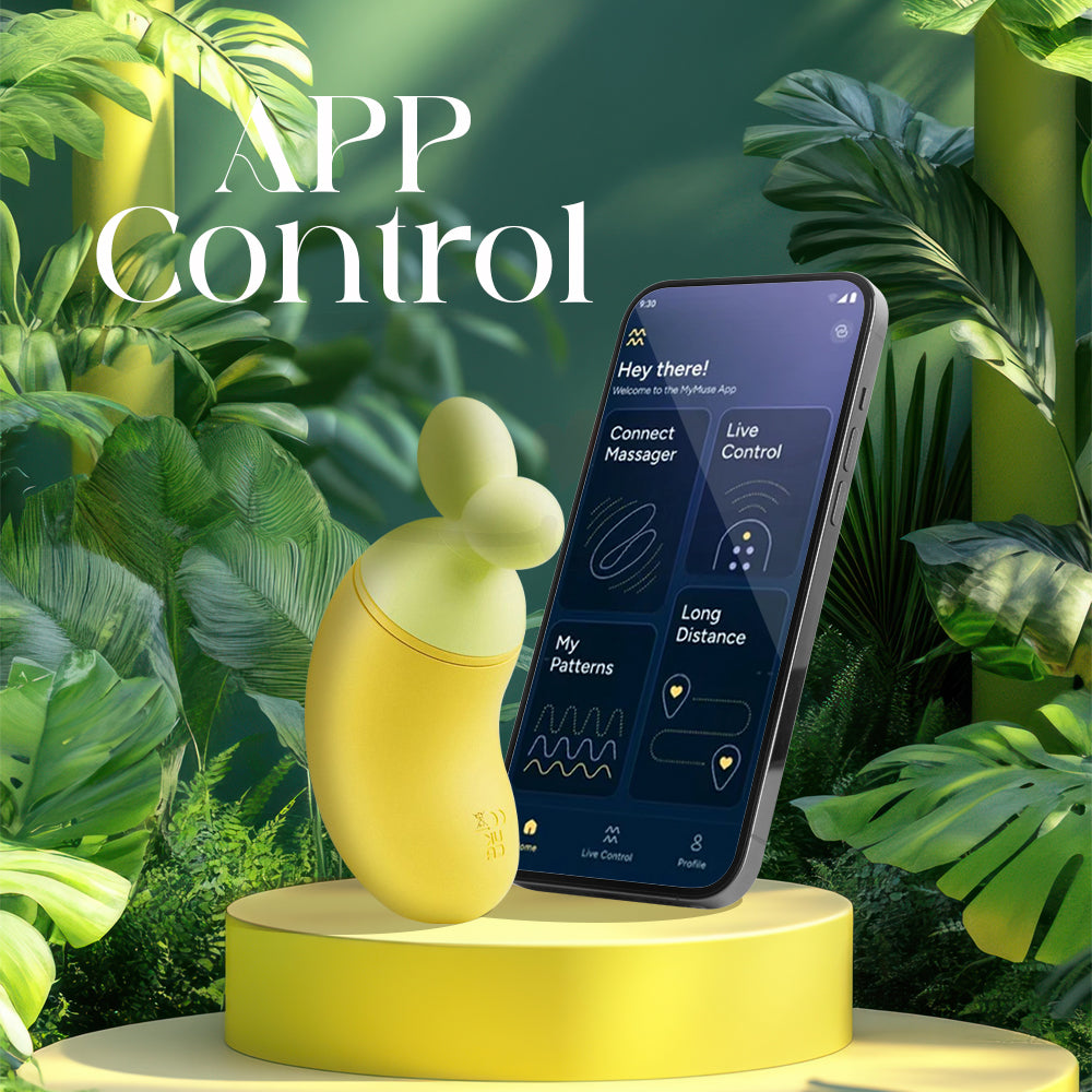 BanaRush vibrator paired with a smartphone app interface displaying remote control options in a green setting.