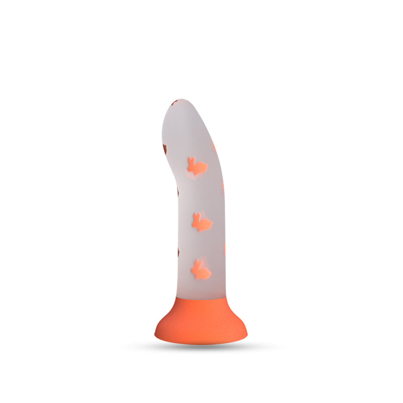 Bloom Glow silicone toy with orange base, soft white body, and butterfly accents