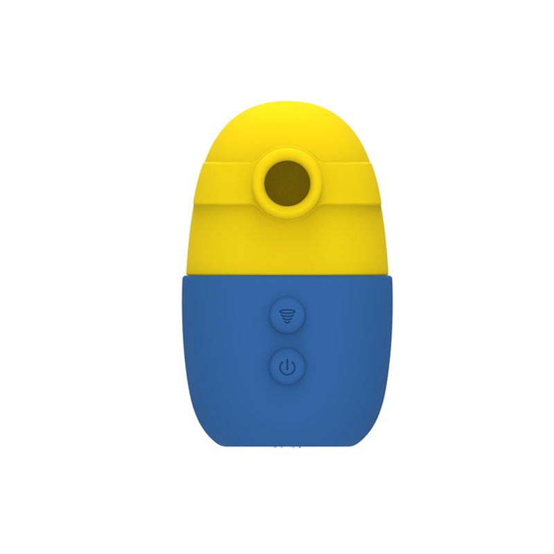 Yellow and blue device with a circular opening on a white background
