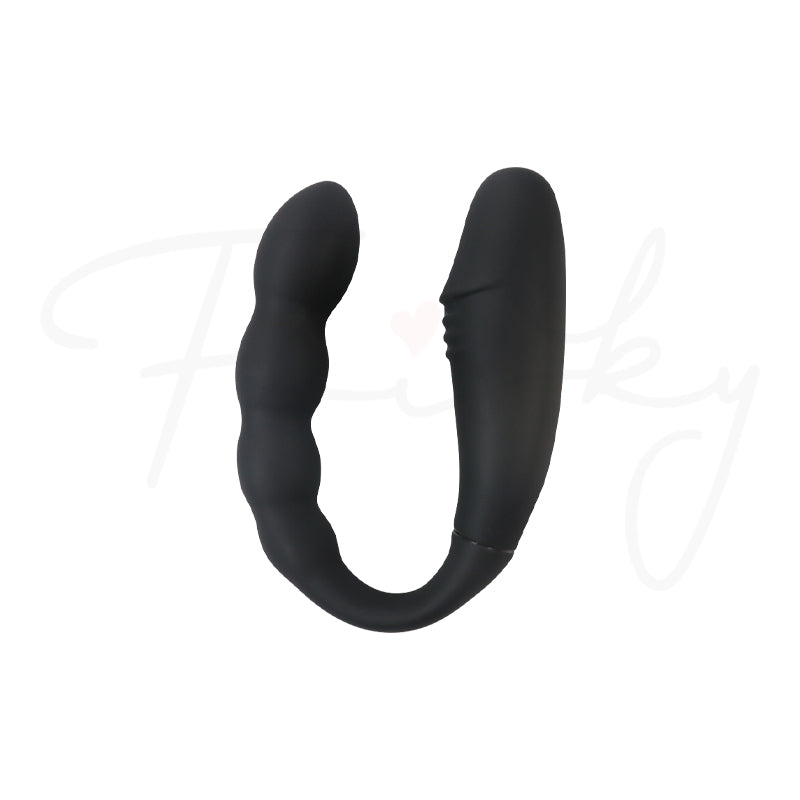 Black U-shaped vibrator standing upright on a plain white background, front view