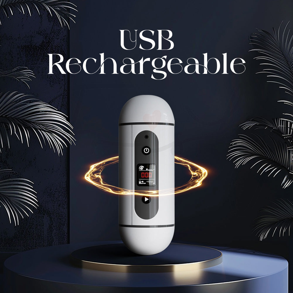 Elite Sync masturbator shown glowing with charging animation indicating USB rechargeable feature