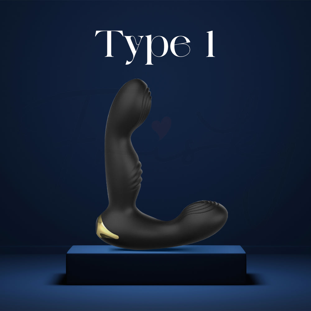 Type 1 prostate massager standing upright on platform against dark blue background for model display.