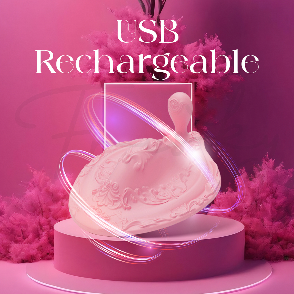 Pink mat with anal vibrator presented with glowing USB recharge feature.