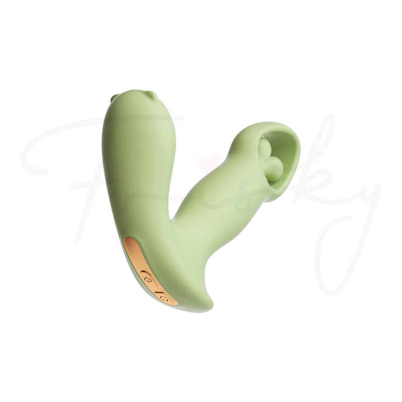 Sage green wearable vibrator standing at a tilt on a plain white background, third angle