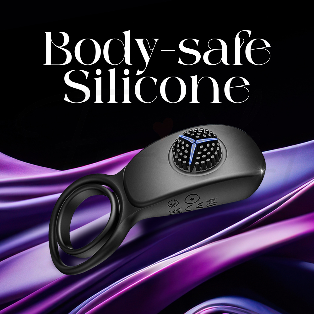 Black cock ring vibrator shown with body-safe silicone texture emphasis.