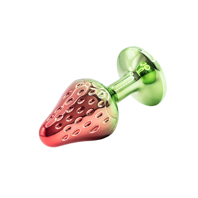 Strawberry-shaped 130g metal plug with smooth surface and decorative green base