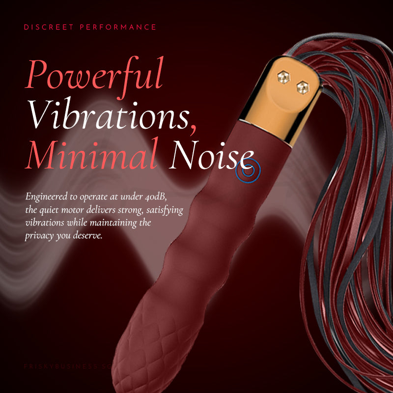 Sexual product with maroon and gold design on a dark background, featuring text about vibrations and noise.