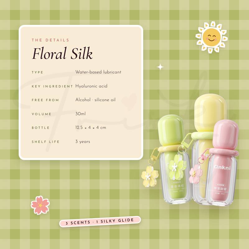 Floral Silk product details card on green gingham beside the lubricant bottles