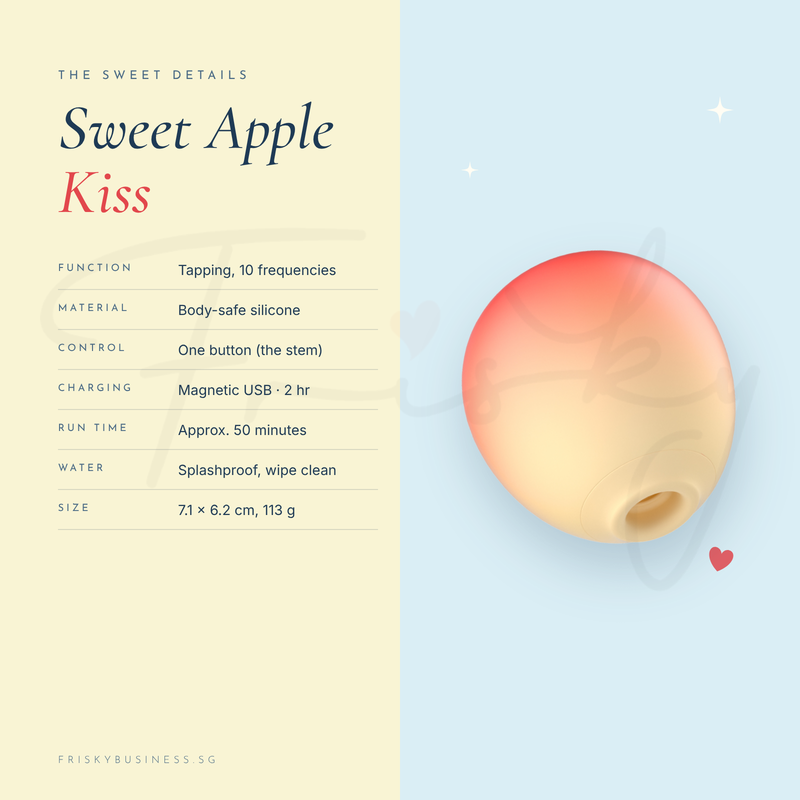 Sweet Apple Kiss specification panel with a feature list beside the apple massager