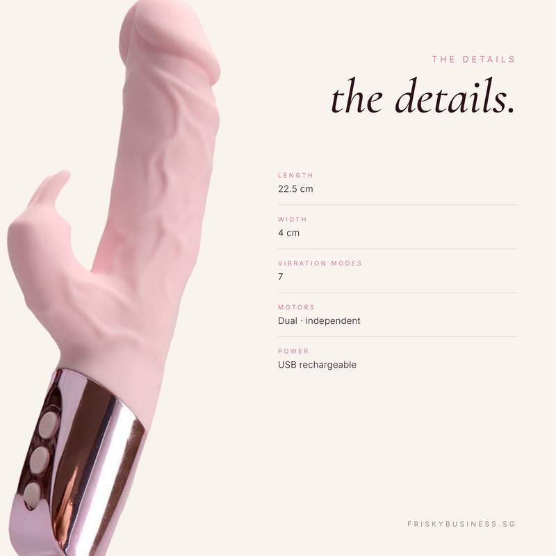 A pink silicone dildo with a metallic rose gold handle, shown against a light cream background with text detailing its specifications.