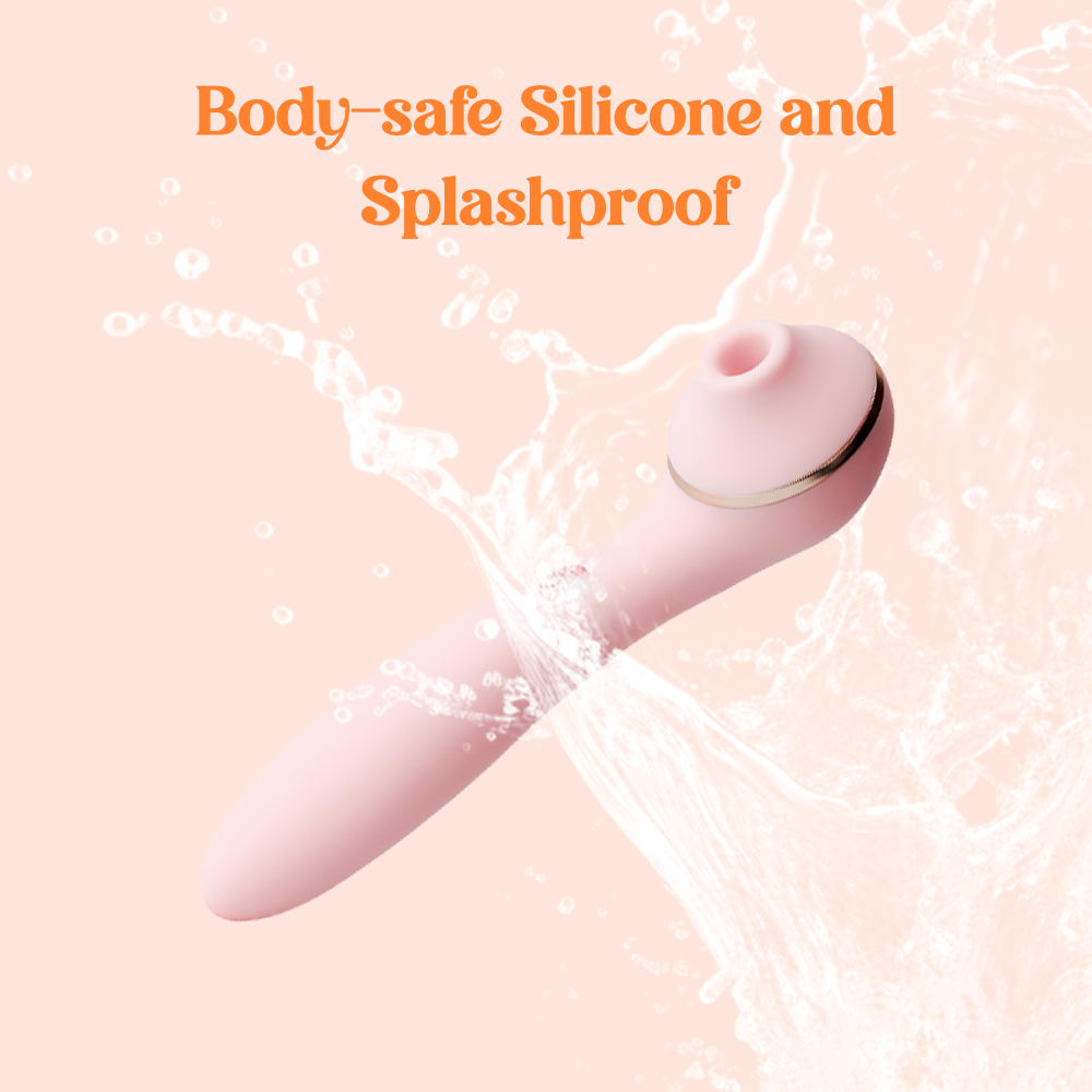 Pink handheld device with water splashes on a light pink background, labeled 'Body-safe Silicone and Splashproof'.