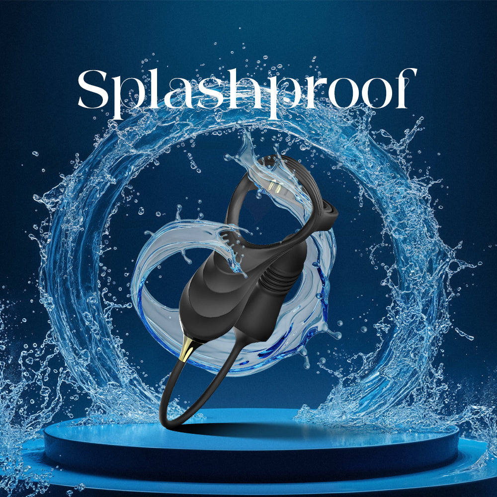Alpha Ring prostate massager surrounded by water splash showing splashproof protection.