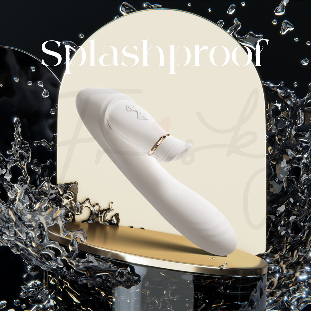 White curved massager surrounded by splashing water demonstrating splashproof protection.