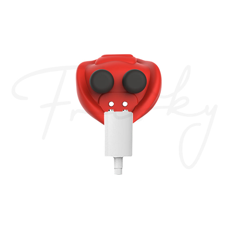 Red and white electronic device on a white background