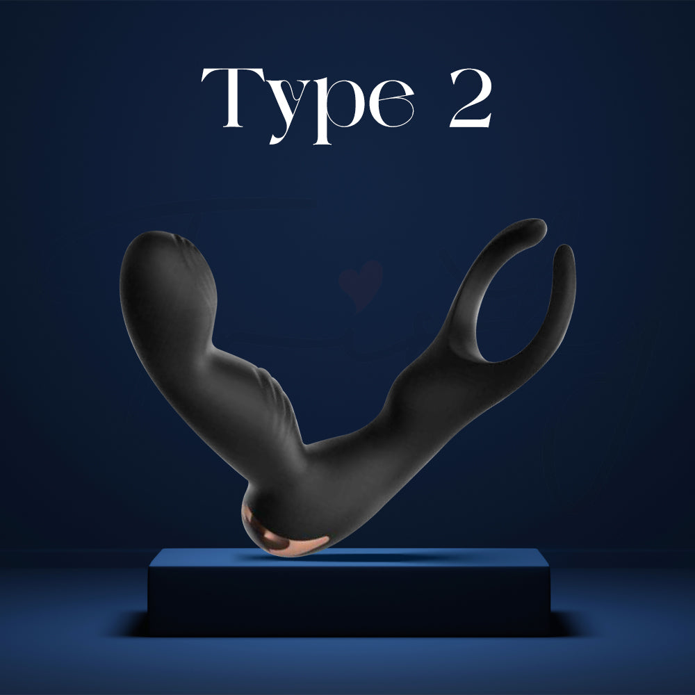 Type 2 prostate massager shown on display stand highlighting curved shape and perineum ring.