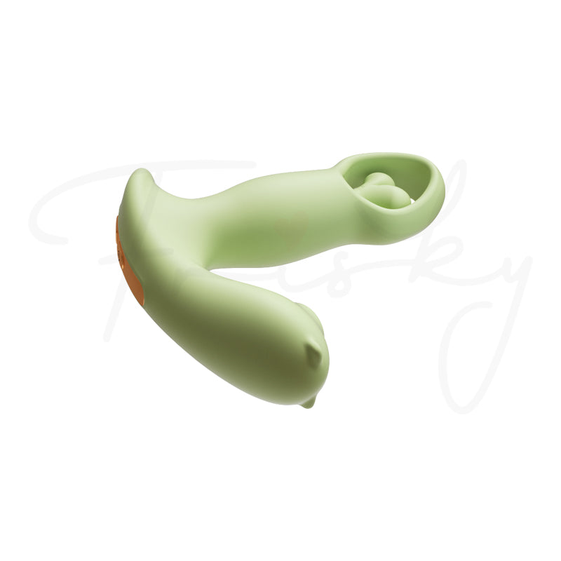 Sage green wearable vibrator lying on its side on a plain white background, fourth angle