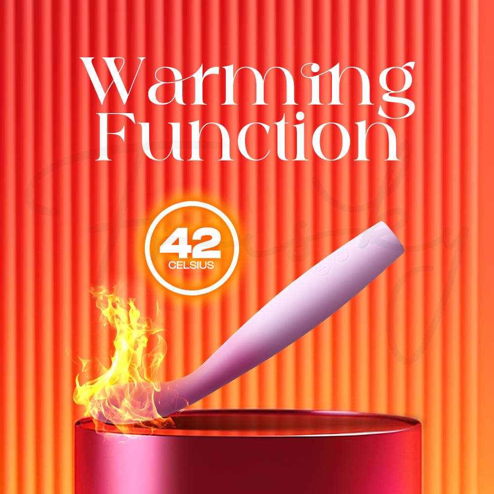 A coral Power Bloom vibrator on a pedestal with a flame effect, highlighting the 42°C constant temperature warming function.