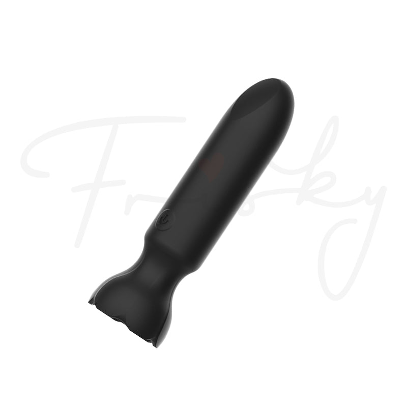 Angled view of black bullet vibrator displaying compact ergonomic shape