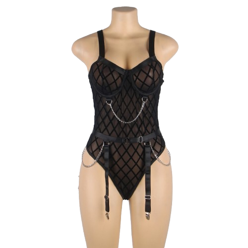 Bodysuit - 2 Pcs Mesh Chain Lingerie with Garter Belt