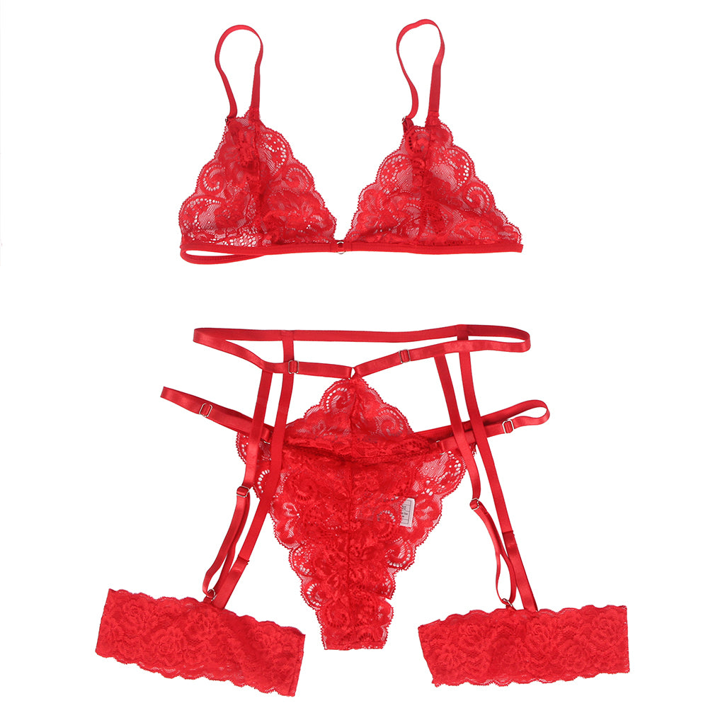 Bra Set - 2 Pcs Lace Hollow Out Bra Set with Garter Leg Ring