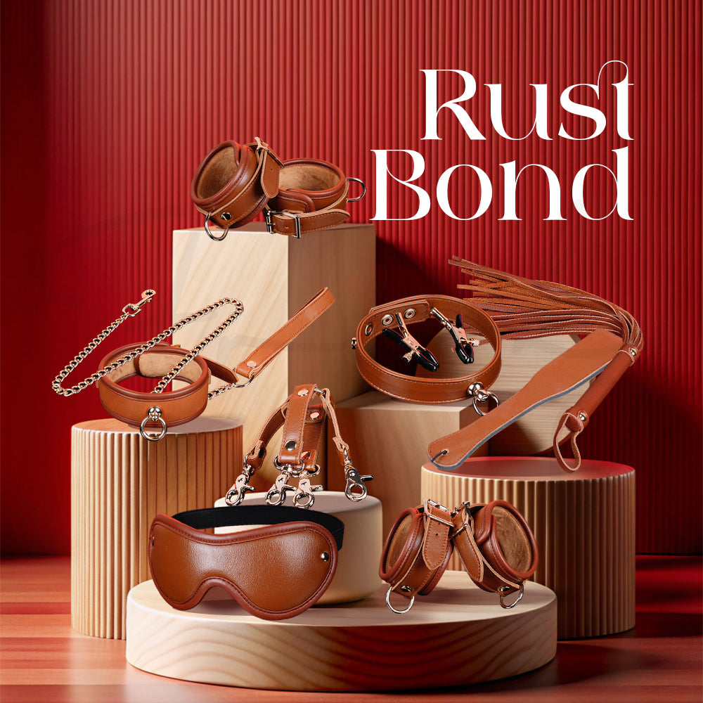 Complete Rust Bond BDSM kit arranged in stylish Western-inspired brown leather theme
