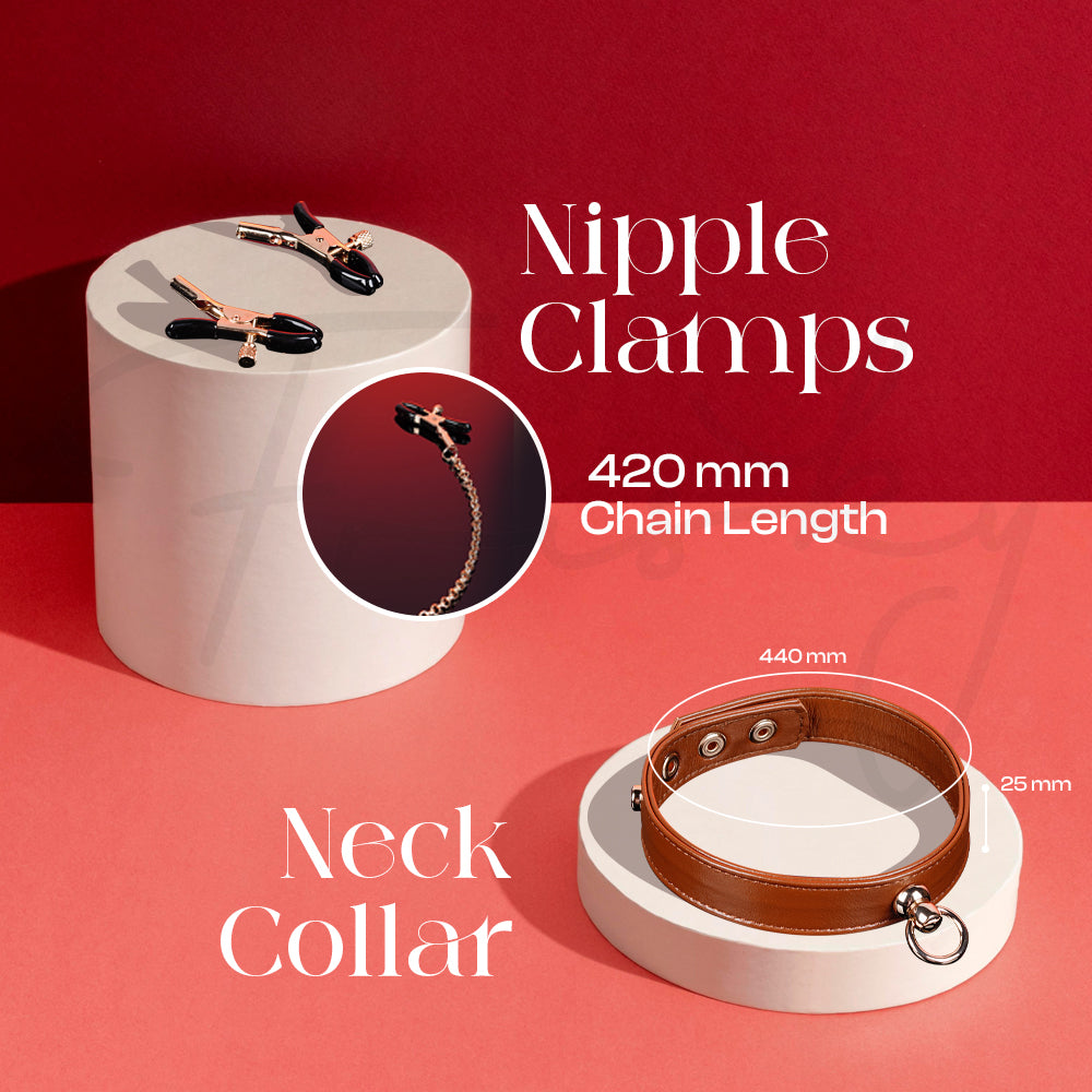 Adjustable nipple clamps connected to collar with chain for controlled stimulation