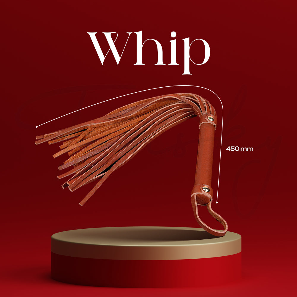 Flexible brown whip ideal for light teasing and sensation play