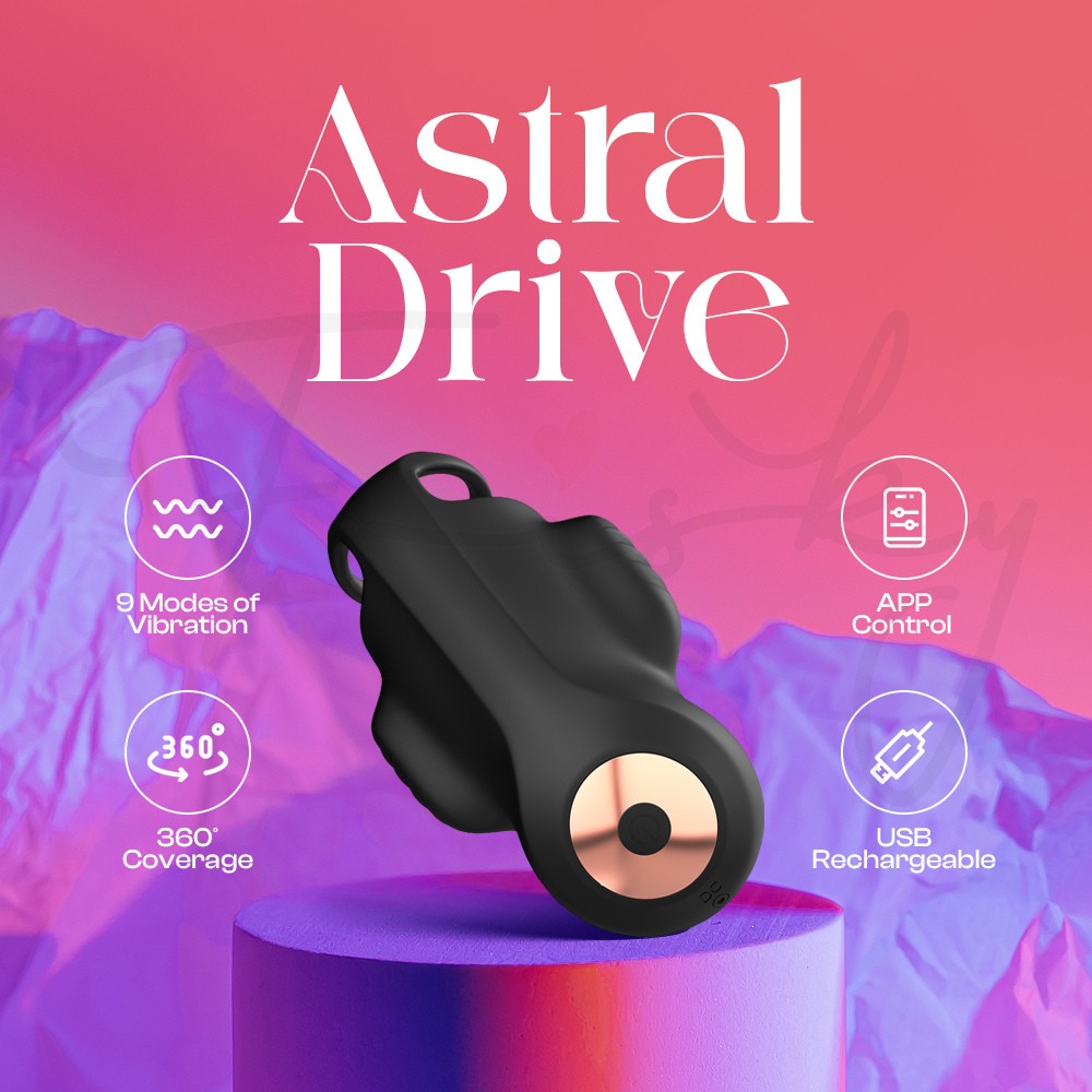 Astral Drive APP Control Penis Endurance Trainer displayed on vibrant background showing key features.