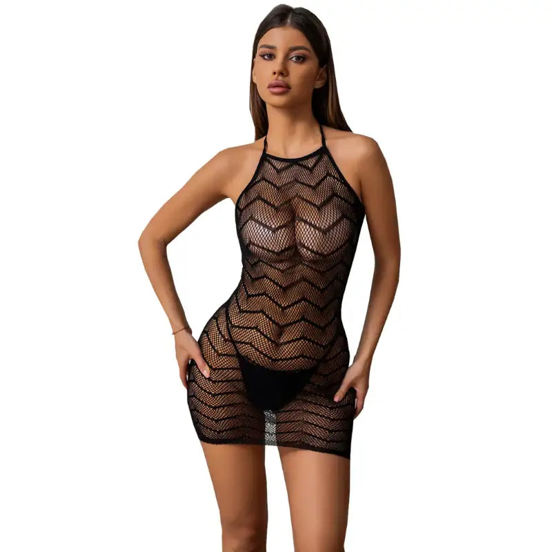 Bodystocking - 1 Pc Sexy Black Backless Fishnet Short Dress Lingerie - Frisky Business Adult Sex Toys Shop