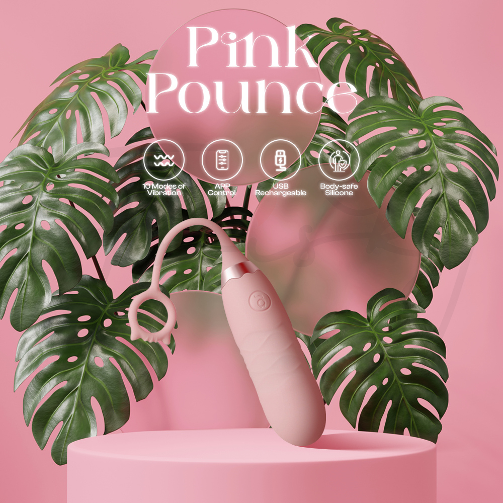 Pink Pounce vibrator placed among tropical leaves with product name and icon highlights for features.