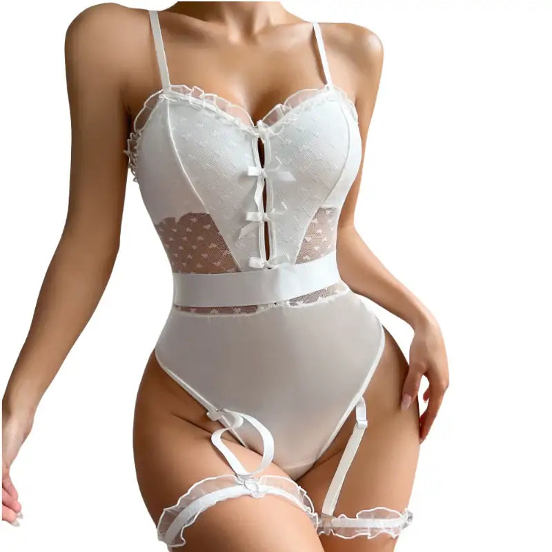 Teddy - 1 Pc White Lace Sexy Female Lingerie with Ruffled Straps and Leg Garter - Frisky Business Adult Sex Toys Shop