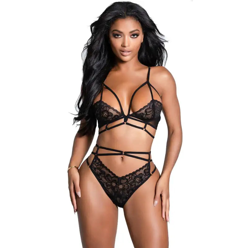 Bra Set - 2 Pcs Black Strappy Female Lingerie with Adjustable Spaghetti Straps and Open Crotch Thongs - Frisky Business Adult Sex Toys Shop