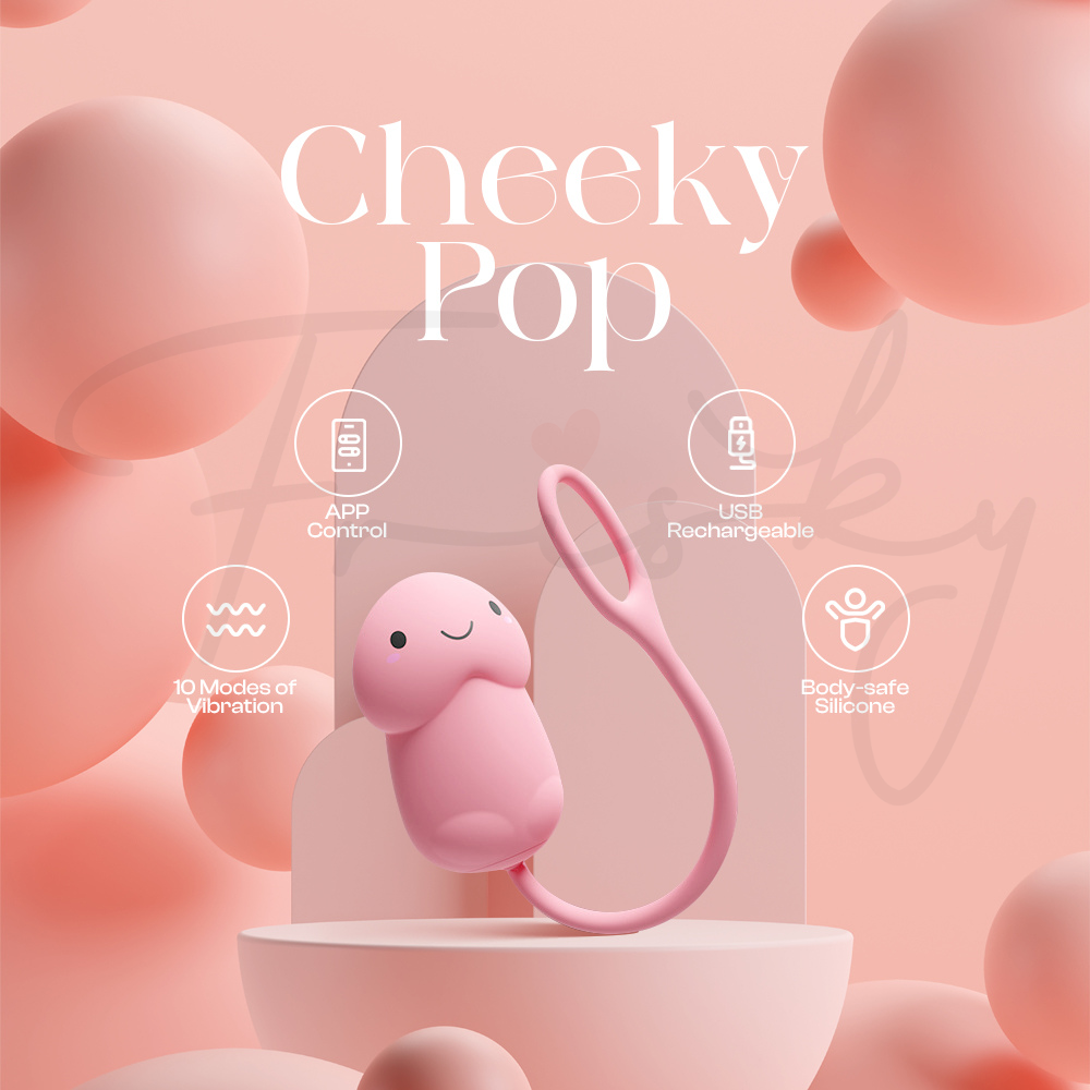 Cheeky Pop wearable egg vibrator showcased with key features icon in soft pink background.