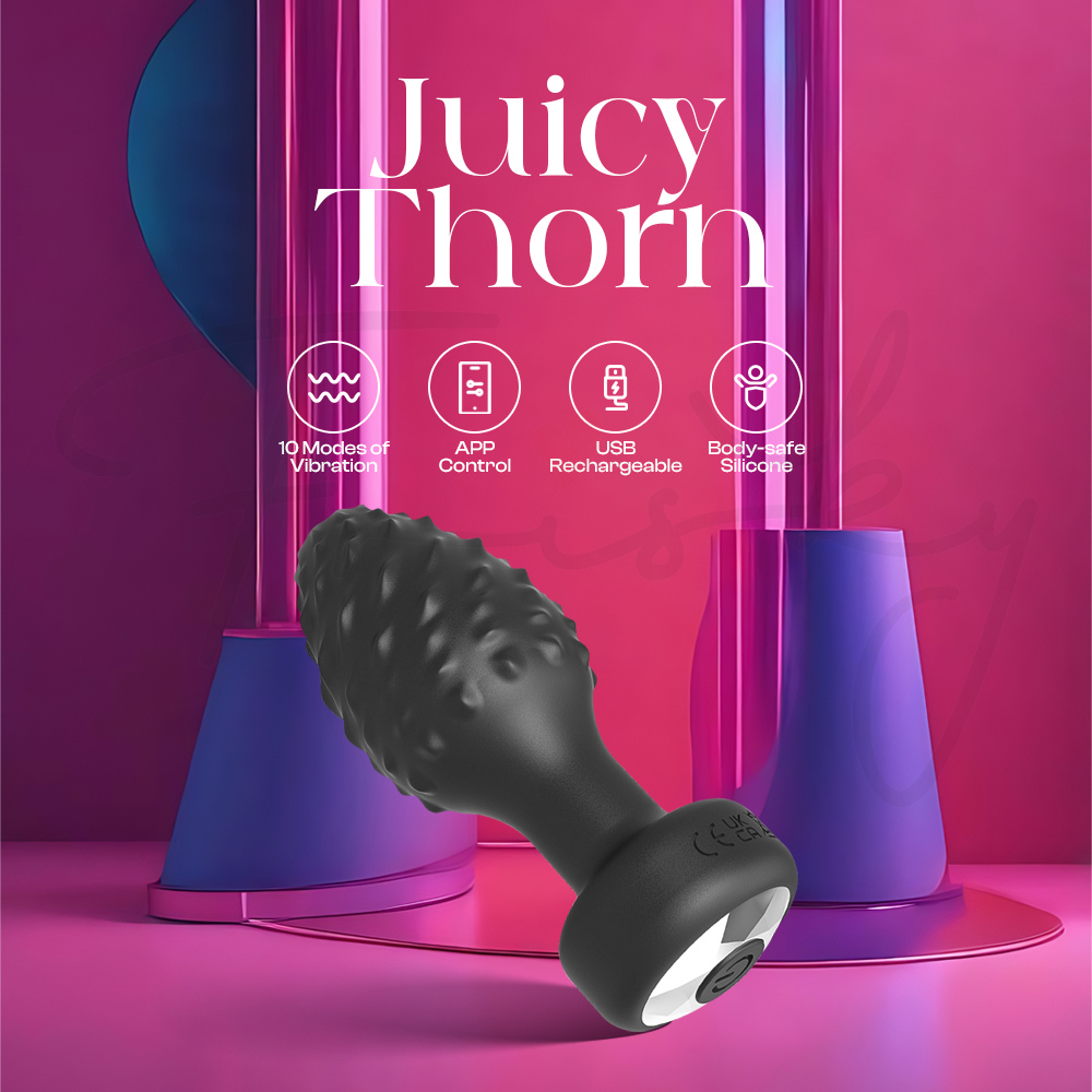 Juicy Thorn butt plug vibrator displayed with key features icon.