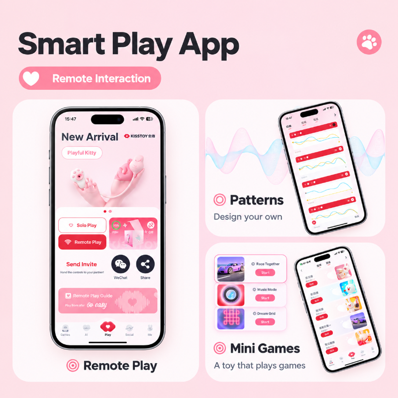 Smart Play App graphic with phone screens showing patterns, remote play and mini games