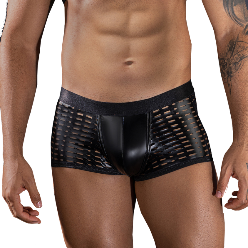 Skivvies - Black PU Leather Hollow Boxer Male Underwear