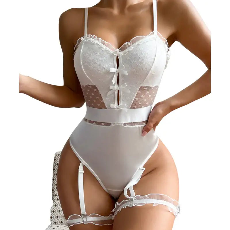 Teddy - 1 Pc White Lace Sexy Female Lingerie with Ruffled Straps and Leg Garter - Frisky Business Adult Sex Toys Shop
