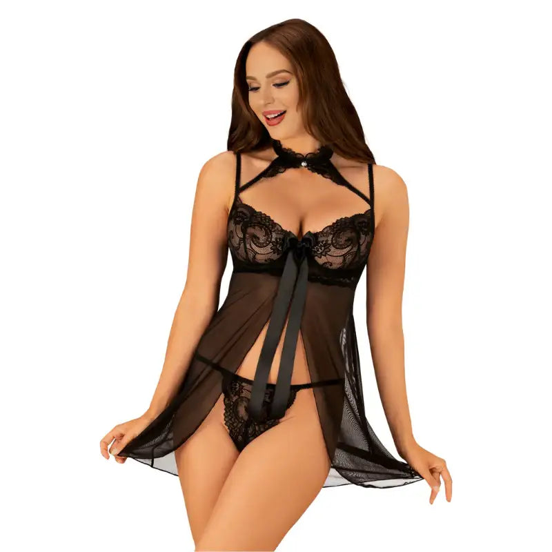 Babydoll - 2 Pcs Black Sheer Open Back Lady Sleepwear with Lace Embroidery - Frisky Business Adult Sex Toys Shop