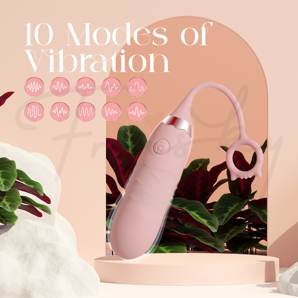 Image showcasing 10 modes of vibration with the Pink Pounce vibrator in a creamy-toned setting.
