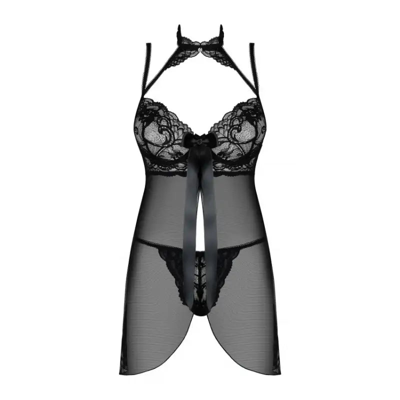 Babydoll - 2 Pcs Black Sheer Open Back Lady Sleepwear with Lace Embroidery - Frisky Business Adult Sex Toys Shop