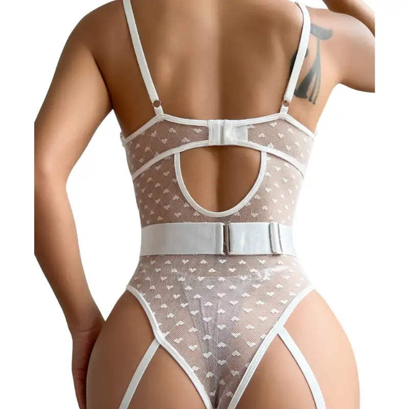 Teddy - 1 Pc White Lace Sexy Female Lingerie with Ruffled Straps and Leg Garter - Frisky Business Adult Sex Toys Shop