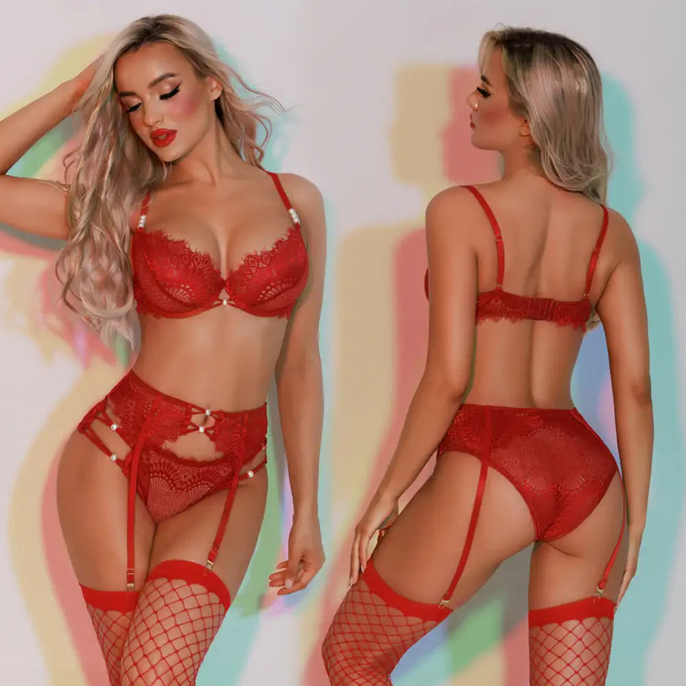 Bra Set - 4 Pcs Women's Fierce Red Sexy Lingerie with Lace Bra and Strappy High Cut Thong - Frisky Business Adult Sex Toys Shop