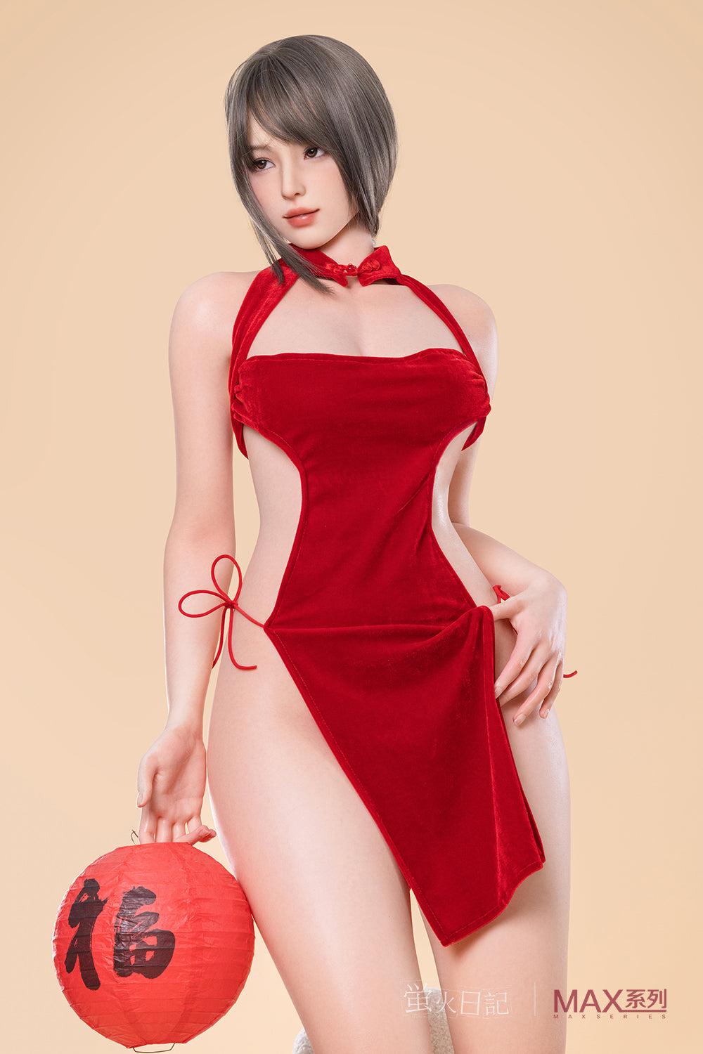 Firefly Diary Doll 165 cm Max Series Silicone - Yelan standing and holding a red paper lantern, wearing a red velvet halter-style bodysuit.