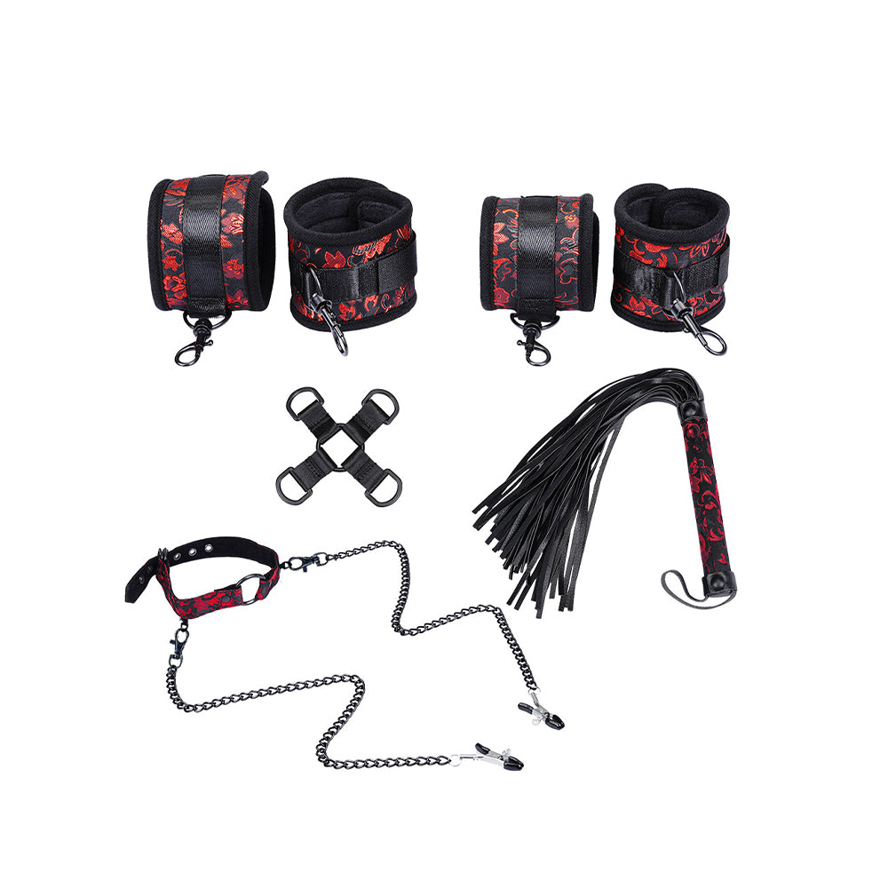 Obsidian Red 5-piece BDSM kit with cuffs, collar, whip, and cross restraint accessories