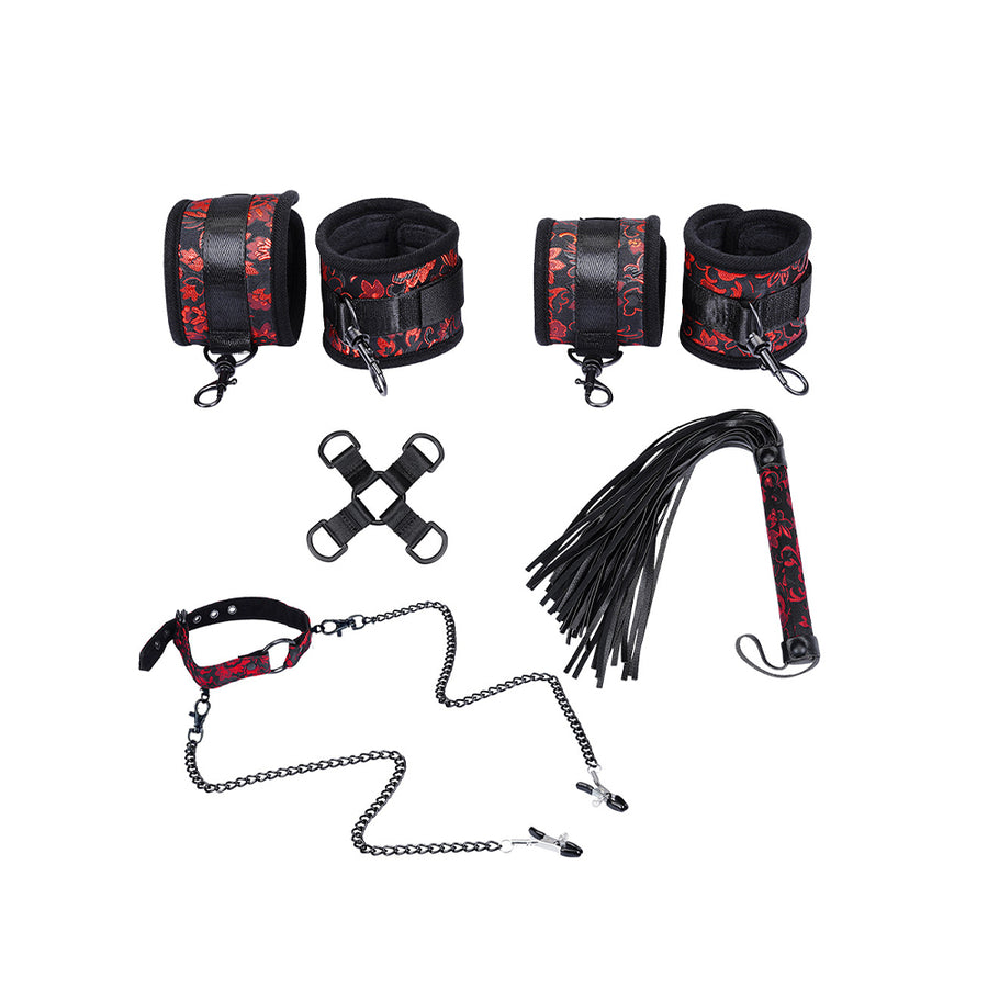 Obsidian Red 5-piece BDSM kit with cuffs, collar, whip, and cross restraint accessories