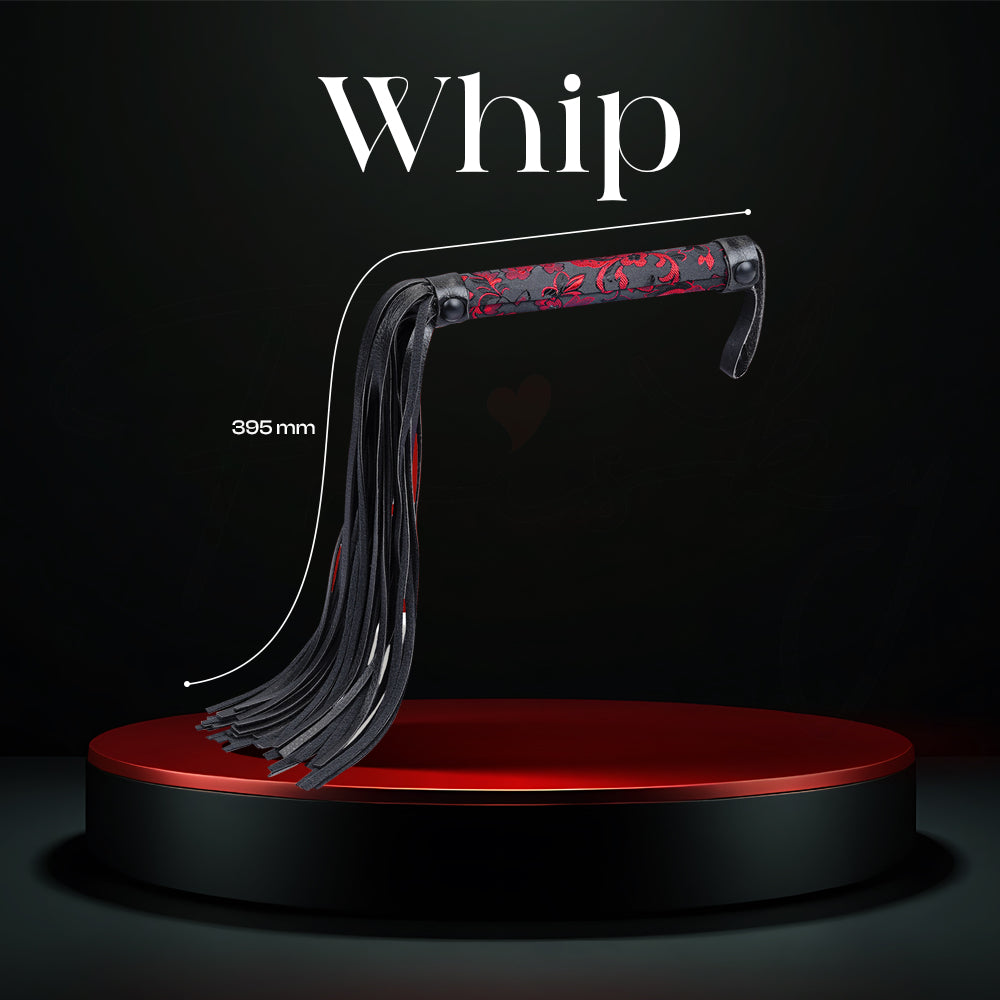 Black whip with red handle designed for light teasing and sensation play