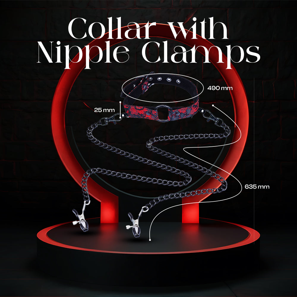 Collar with attached nipple clamps and chain for connected stimulation